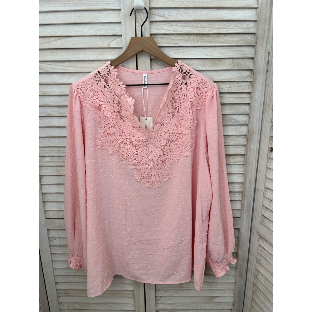 NEW Crochet Lace V Neck Top 3XL Pink Swiss Dot Blouse Feminine Work Wear